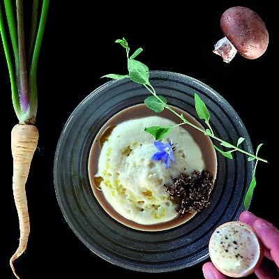 Recette cappuccino de champignons et foie gras cru et cuit de Franck Renimel